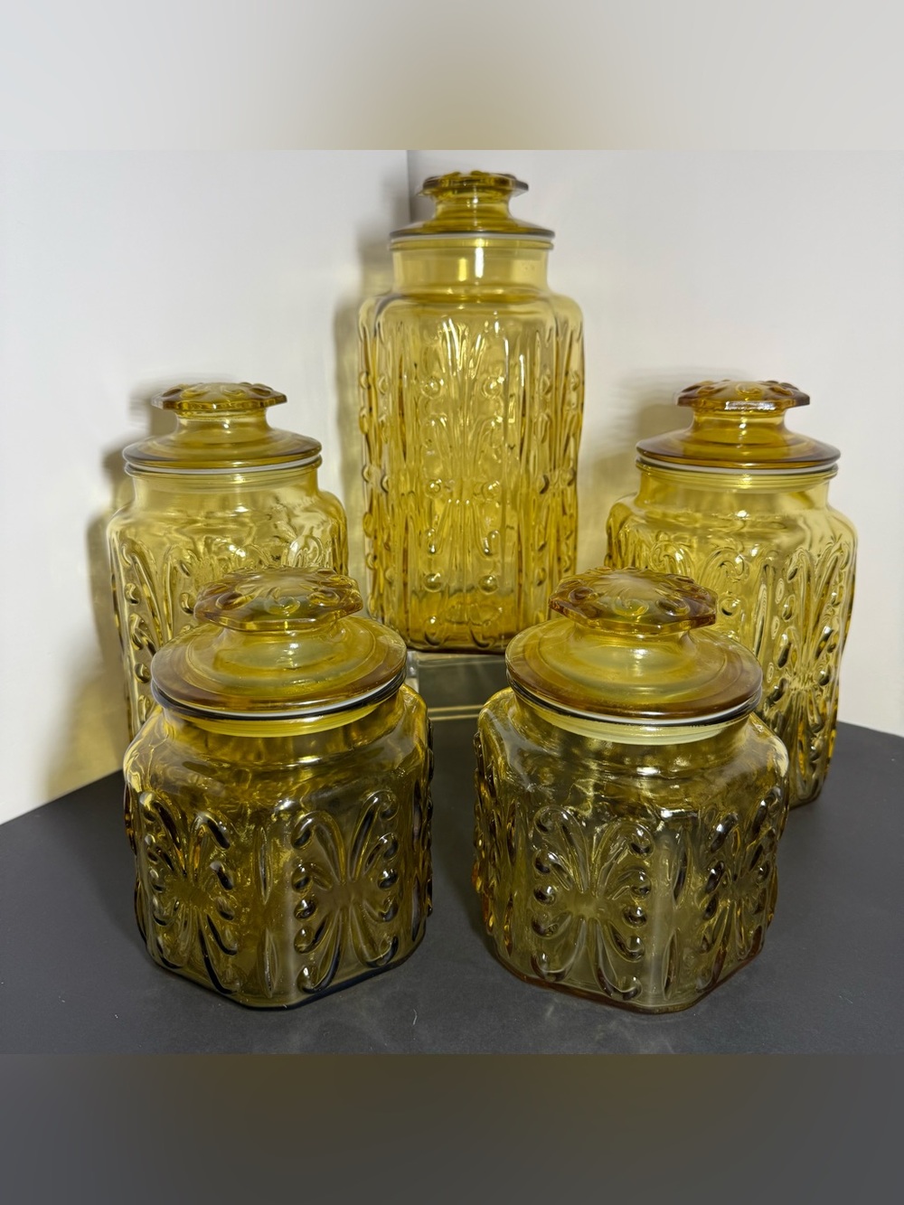Vtg LE Smith Amber Glass Atterbury Scroll Canister Set 5 PC MCM
